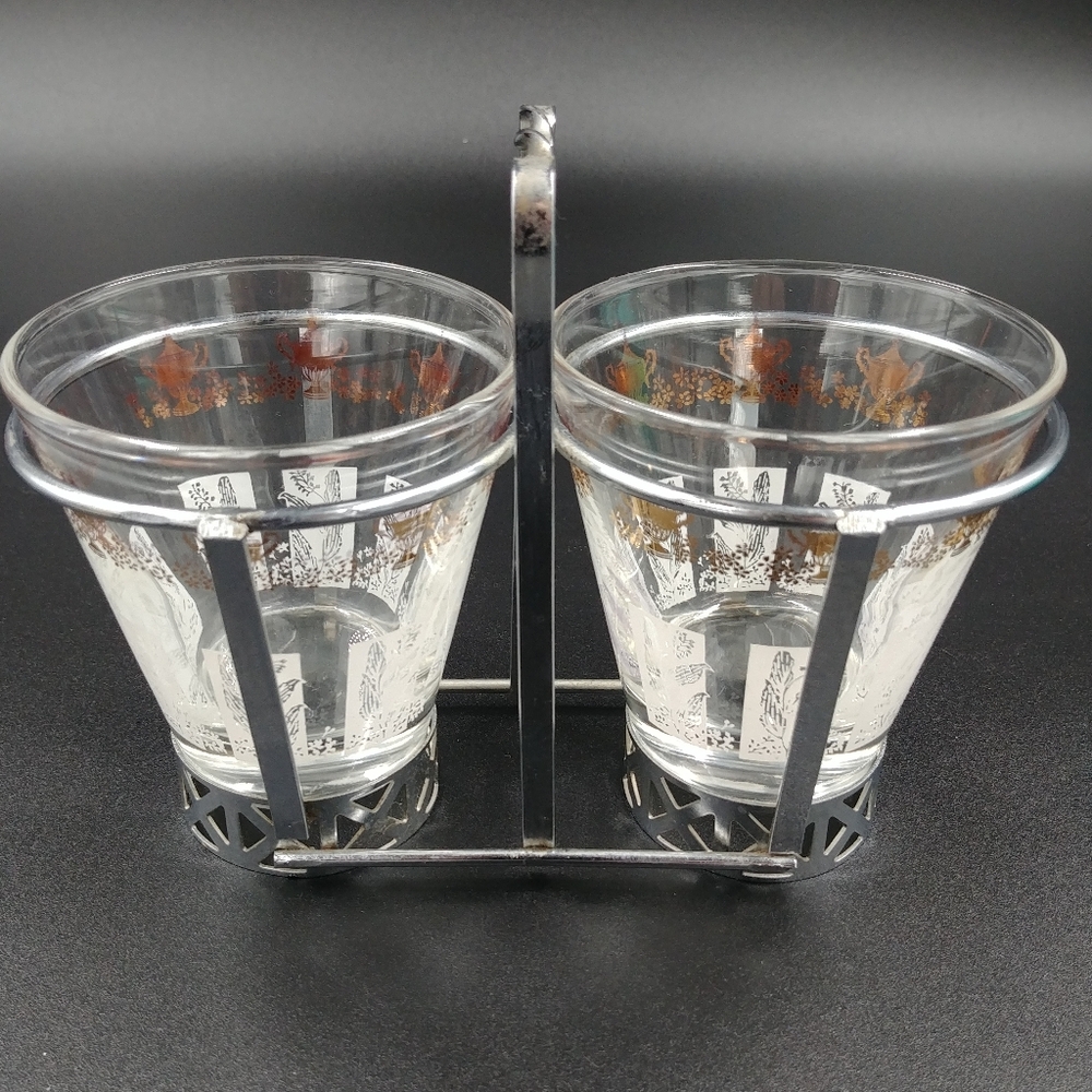 VTG MCM Libby Duo Glass Condiments Serving Set w Metal Caddy. Glass w Design.